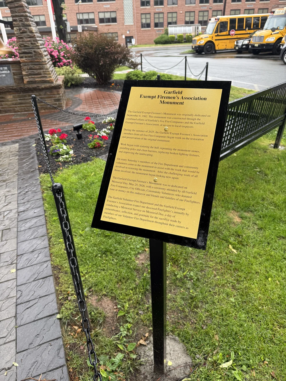 Custom commemorative plaque donated by Product Identification Company for the Garfield Exempt Firemen’s Association Monument in Garfield, New Jersey.