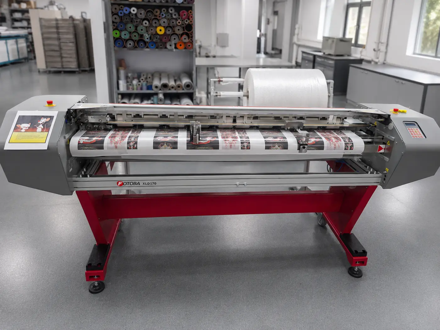 Fotoba XLD 170 automated X/Y cutter operating at Product Identification Company